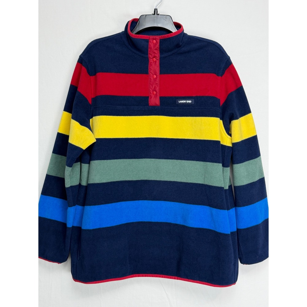 Lands End Mens Fleece Pullover L/T Navy Red Yellow Striped Snap Mock 517207